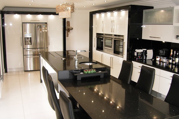 High Gloss White Acrylic with Black Granite Bespoke Fitted Kitchen