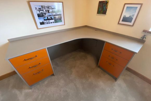 Bespoke Burnt Orange and stone Grey Office Desk Units | Richfields Interiors