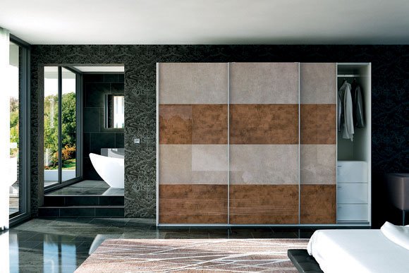 Ultragloss Limestone, Ultragloss Copperleaf Sliding Door Wardrobes