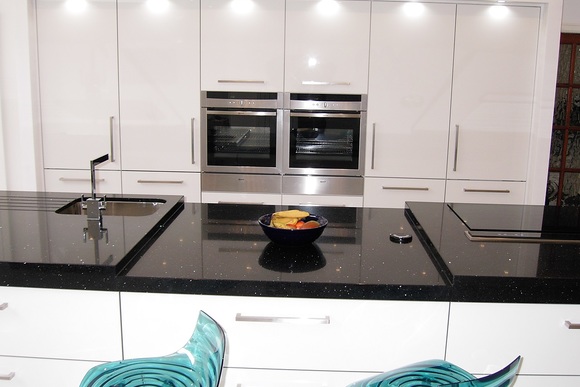 White Zurfiz Acrylic with Glitter Stone Bespoke Fitted Kitchen