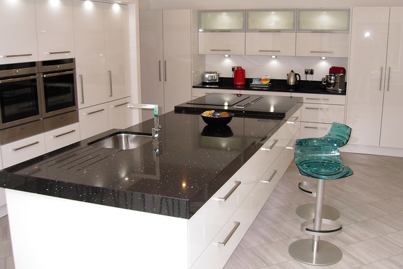 White Zurfiz Acrylic with Glitter Stone Bespoke Fitted Kitchen