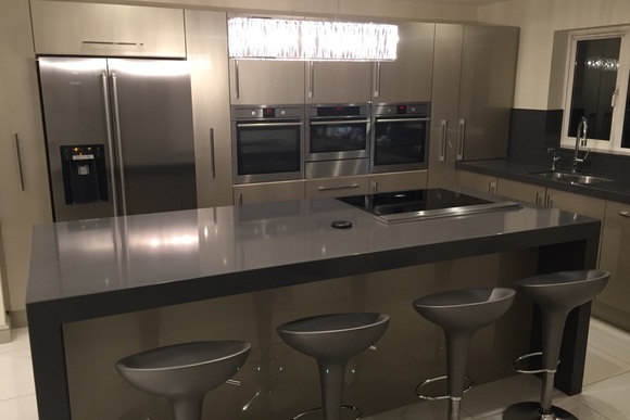 Champagne Acrylic with Plomo Quartz Bespoke Fitted Kitchen