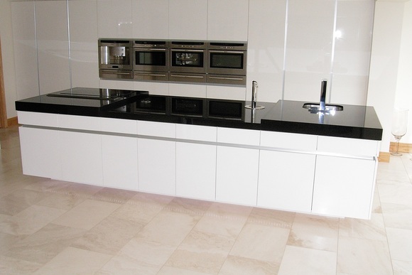 White Ultra High Gloss Acrylic with Black Granite Bespoke Fitted Kitchen