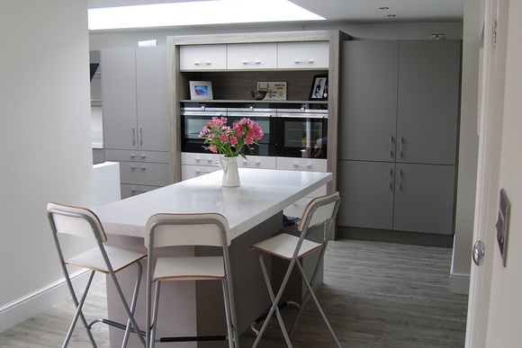 High Gloss White and Grey Acrylic with White Quartz Bespoke Fitted Kitchen