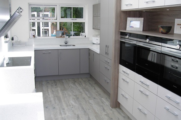 High Gloss White and Grey Acrylic with White Quartz Bespoke Fitted Kitchen