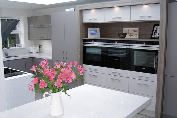 High Gloss White and Grey Acrylic with White Quartz Bespoke Fitted Kitchen