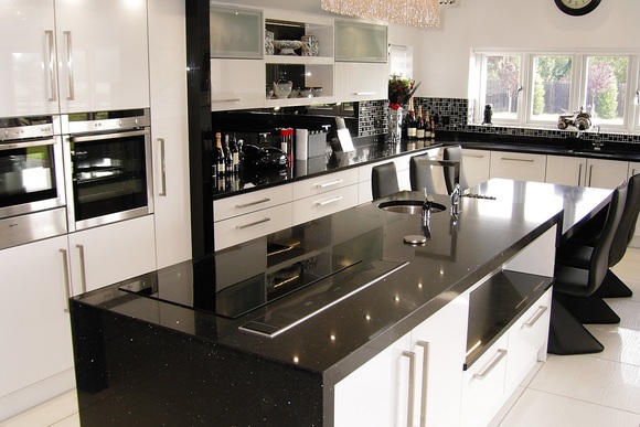 High Gloss White Acrylic with Black Granite Bespoke Fitted Kitchen