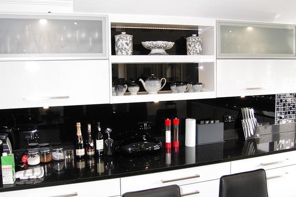 High Gloss White Acrylic with Black Granite Bespoke Fitted Kitchen
