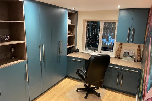 Bespoke Truffle and Grained Blue Home Office Units | Richfields Interiors