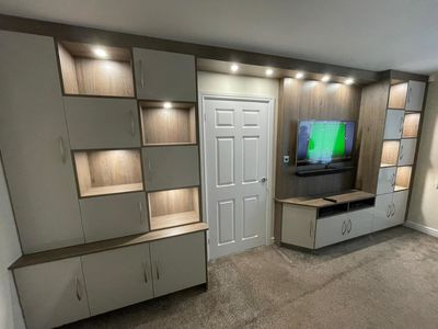 Truffle oak and light grey Living room units | Richfields Interiors
