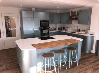 High Gloss Metallic Blue fitted kitchen with island