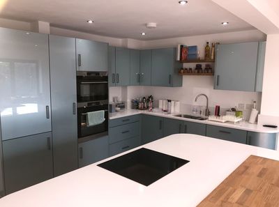 High Gloss Metallic Blue fitted kitchen with island